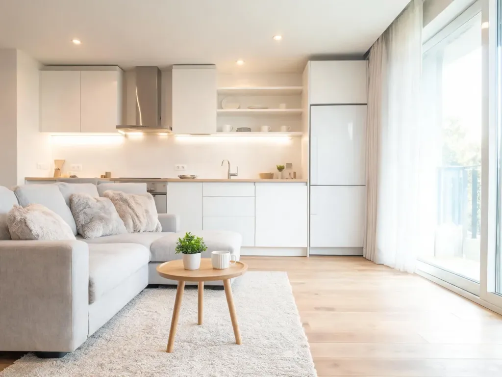 Jasny salon z aneksem kuchennym w stylu skandynawskim, z szarą sofą, drewnianym stolikiem i minimalistyczną białą kuchnią.